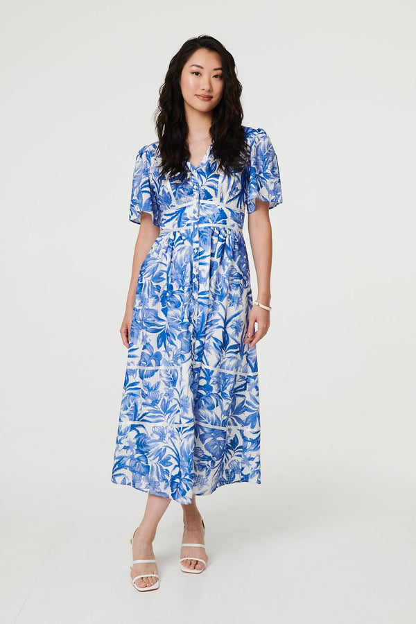 Blue | Leaf Print 1/2 Sleeve Tiered Midi Dress