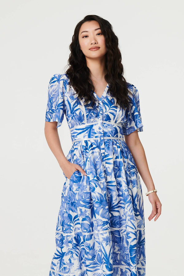Blue | Leaf Print 1/2 Sleeve Tiered Midi Dress