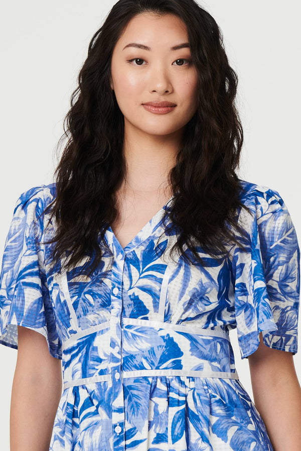 Blue | Leaf Print 1/2 Sleeve Tiered Midi Dress