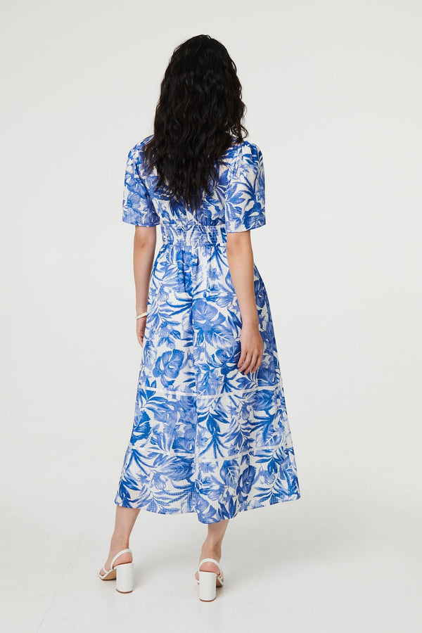Blue | Leaf Print 1/2 Sleeve Tiered Midi Dress