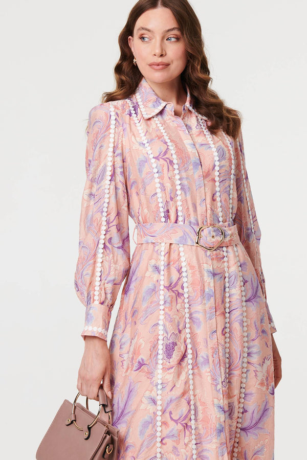 Pink | Floral Embellished Midi Shirt Dress
