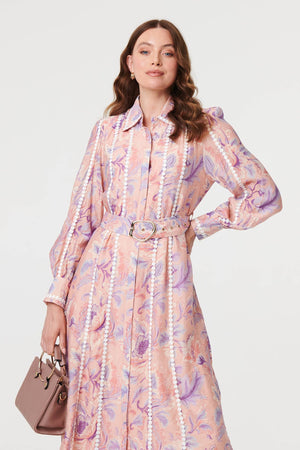 Pink | Floral Embellished Midi Shirt Dress
