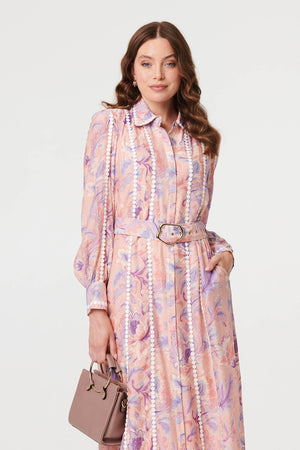 Pink | Floral Embellished Midi Shirt Dress
