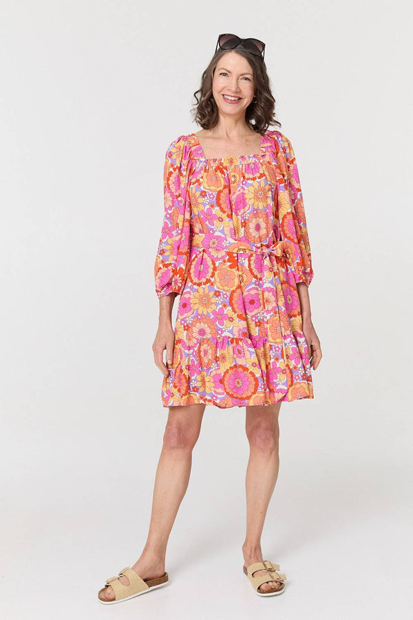 Pink | Vintage Floral Tie Waist Short Dress
