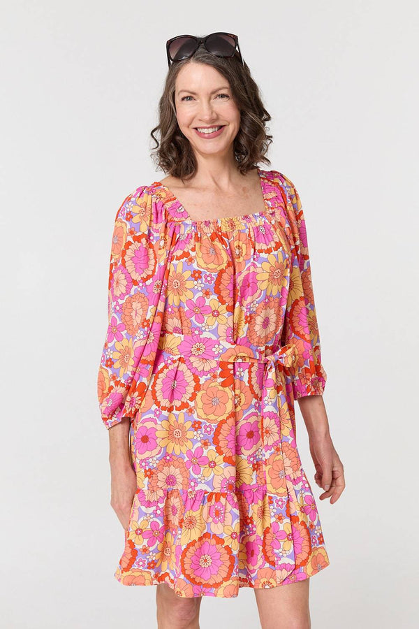 Pink | Vintage Floral Tie Waist Short Dress

