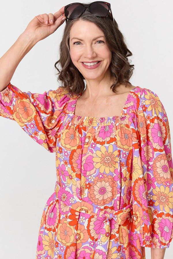 Pink | Vintage Floral Tie Waist Short Dress
