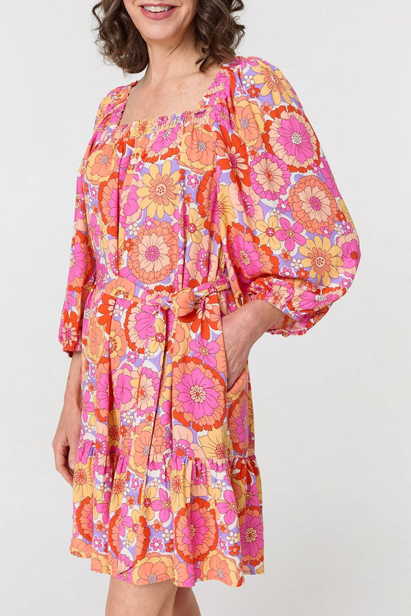Pink | Vintage Floral Tie Waist Short Dress
