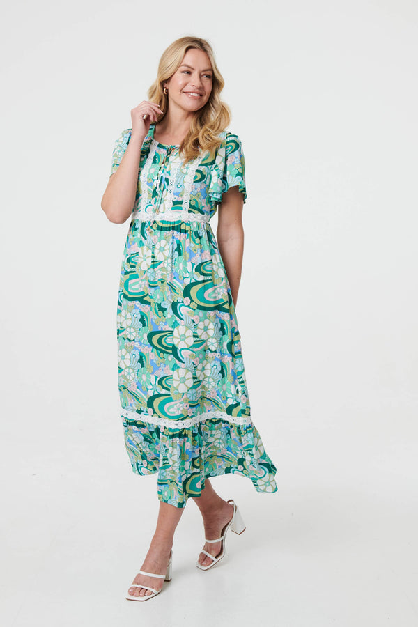 Green | Abstract Lace Trim Tie Neck Midi Dress