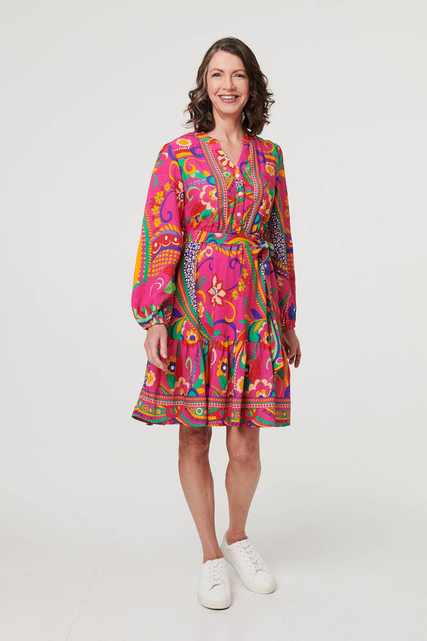 Pink | Printed Tie Waist Tiered Short Dress
