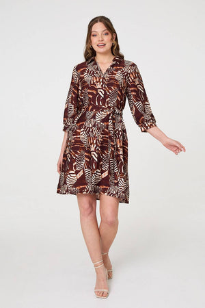 Brown | Animal Print Tie Waist Shirt Short Dress
