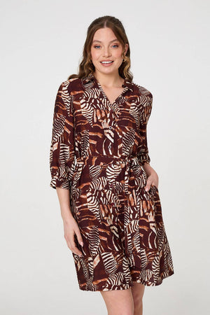 Brown | Animal Print Tie Waist Shirt Short Dress
