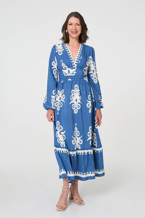 Blue | Ikat Print Empire Kimono Maxi Dress
