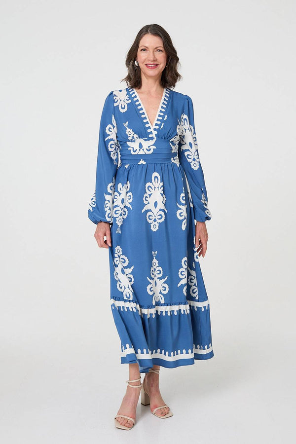 Blue | Ikat Print Empire Kimono Maxi Dress
