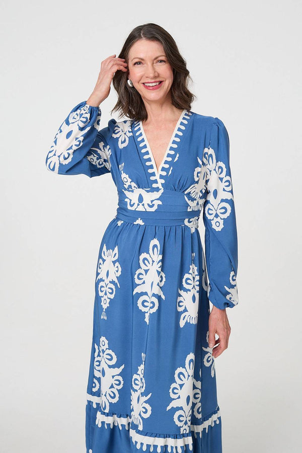 Blue | Ikat Print Empire Kimono Maxi Dress
