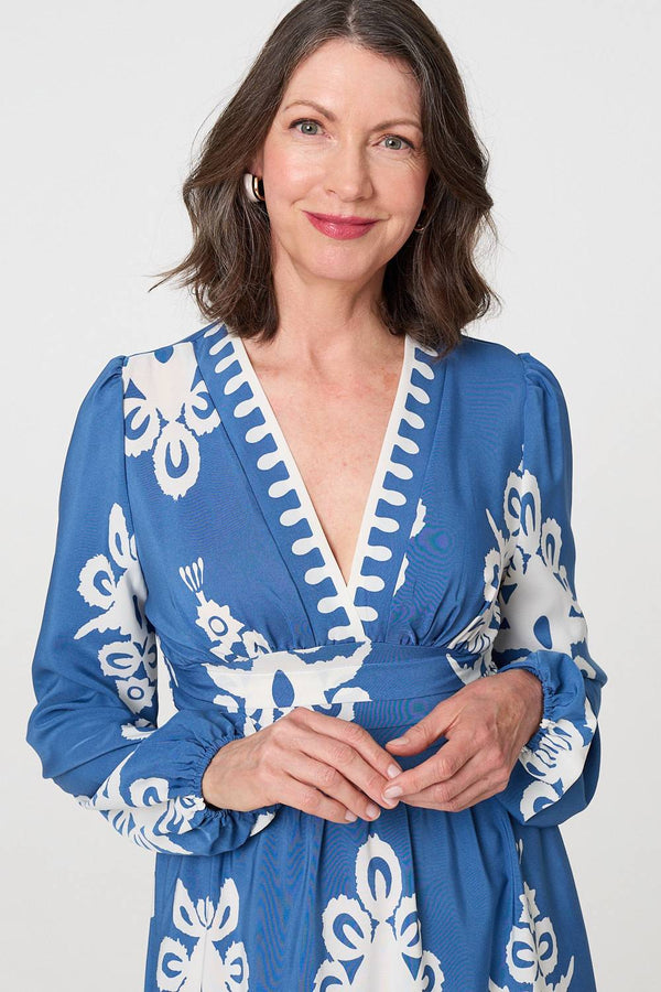 Blue | Ikat Print Empire Kimono Maxi Dress
