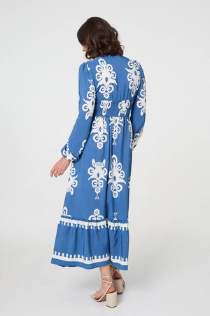 Blue | Ikat Print Empire Kimono Maxi Dress
