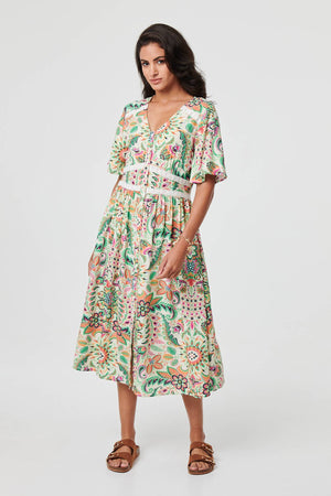 Green | Printed 1/2 Flared Sleeve Midi Dress
