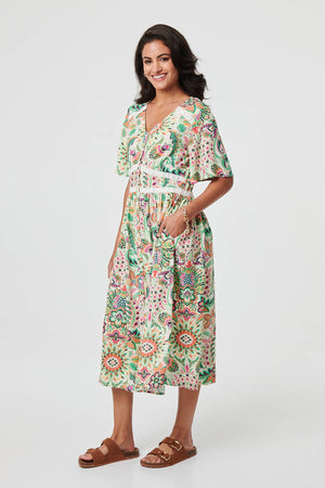 Green | Printed 1/2 Flared Sleeve Midi Dress
