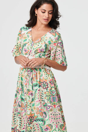 Green | Printed 1/2 Flared Sleeve Midi Dress

