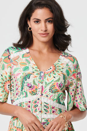 Green | Printed 1/2 Flared Sleeve Midi Dress
