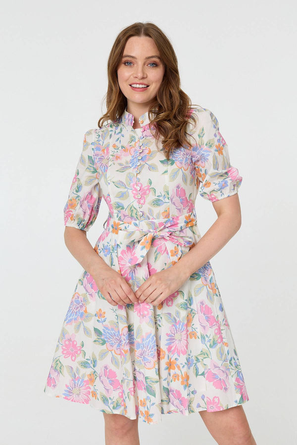 White | Floral Tie Waist Puff Sleeve Short Dress

