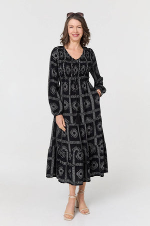Black | Printed Long Sleeve Tie Waist Midi Dress
