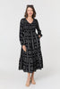 Black | Printed Long Sleeve Tie Waist Midi Dress
