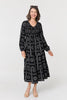 Black | Printed Long Sleeve Tie Waist Midi Dress
