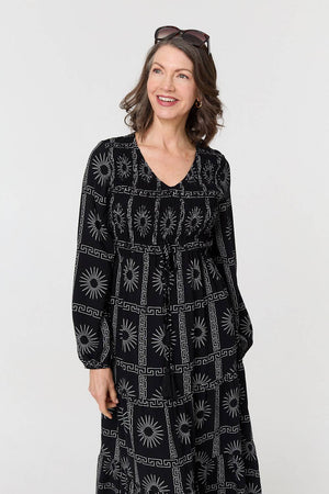 Black | Printed Long Sleeve Tie Waist Midi Dress
