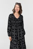 Black | Printed Long Sleeve Tie Waist Midi Dress
