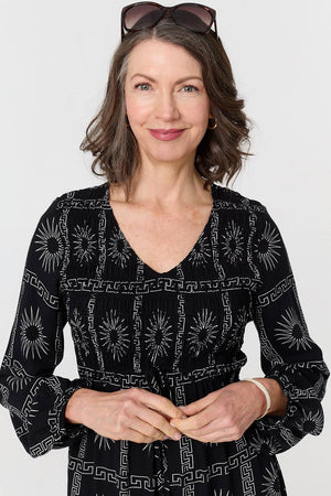 Black | Printed Long Sleeve Tie Waist Midi Dress
