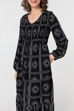 Black | Printed Long Sleeve Tie Waist Midi Dress
