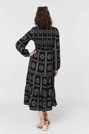 Black | Printed Long Sleeve Tie Waist Midi Dress
