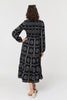 Black | Printed Long Sleeve Tie Waist Midi Dress
