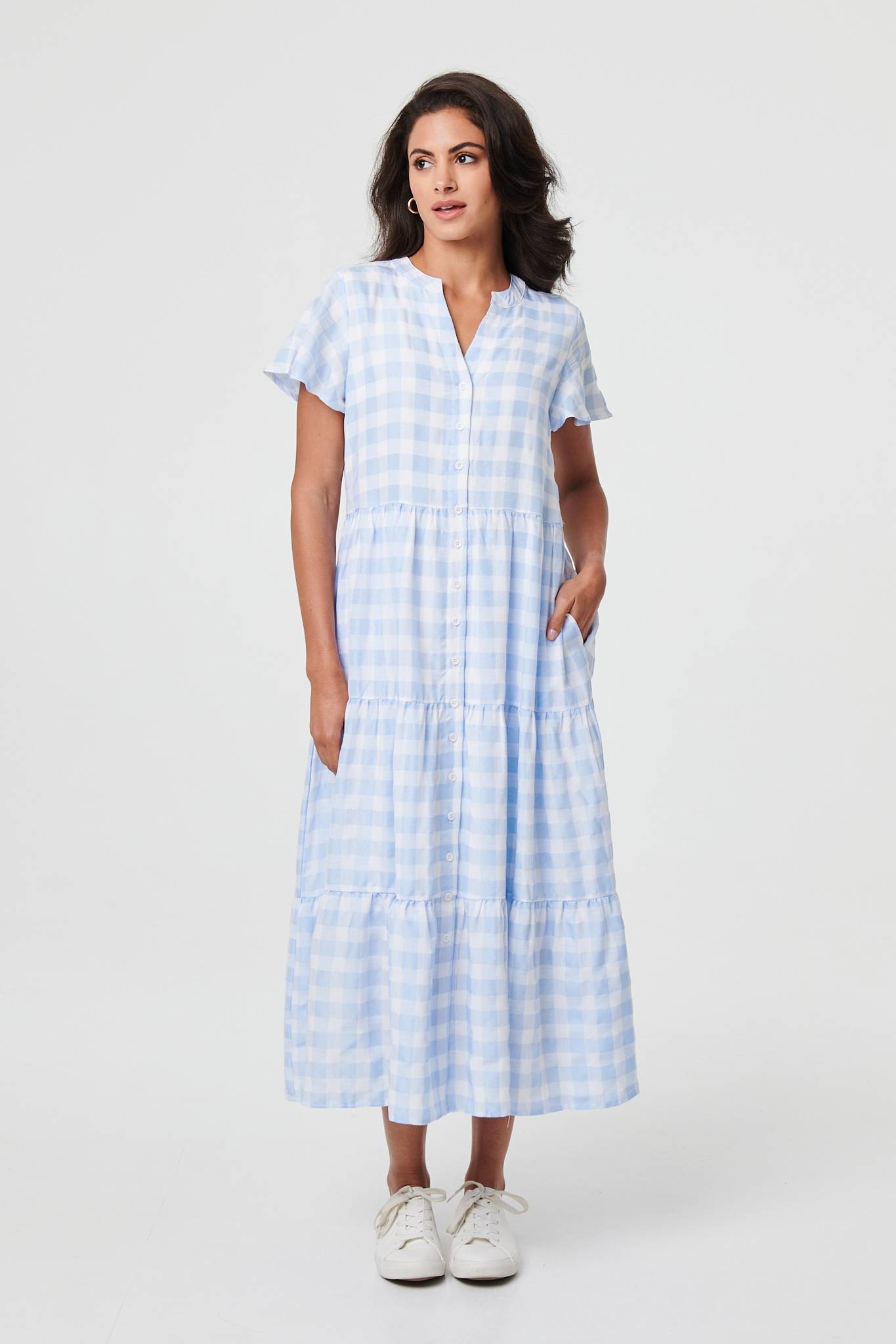 Checked Short Sleeve Tiered Maxi Dress | Izabel London