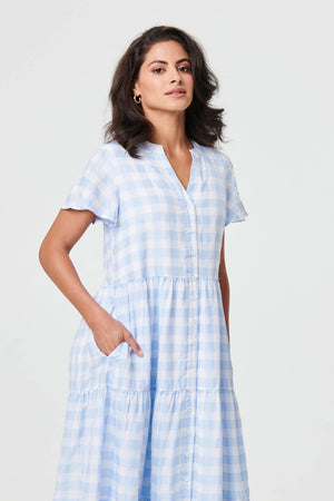 Blue | Checked Short Sleeve Tiered Maxi Dress
