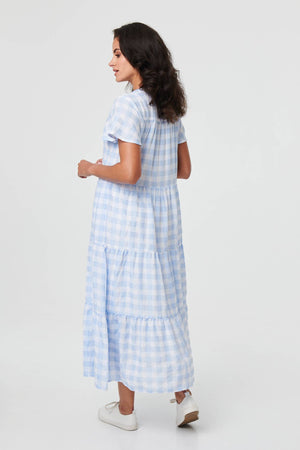 Blue | Checked Short Sleeve Tiered Maxi Dress
