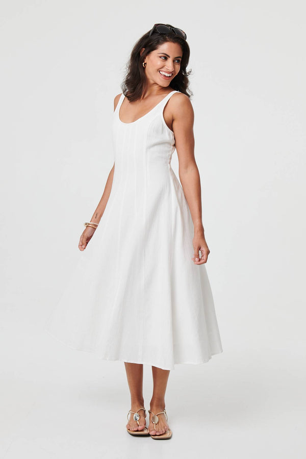 White | Sleeveless A-Line Scoop Neck Midi Dress
