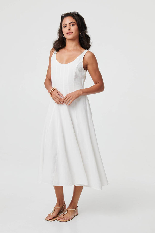 White | Sleeveless A-Line Scoop Neck Midi Dress
