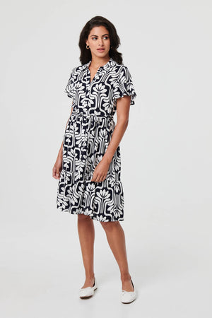 Navy | Printed Short Sleeve Mini Shirt Dress
