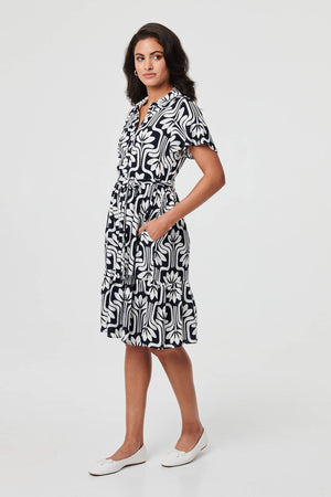 Navy | Printed Short Sleeve Mini Shirt Dress
