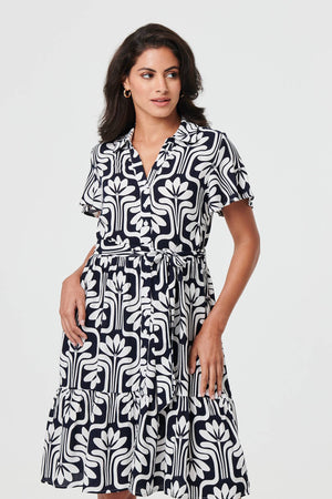 Navy | Printed Short Sleeve Mini Shirt Dress
