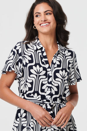 Navy | Printed Short Sleeve Mini Shirt Dress
