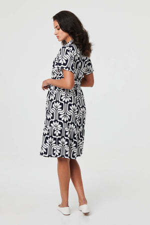 Navy | Printed Short Sleeve Mini Shirt Dress
