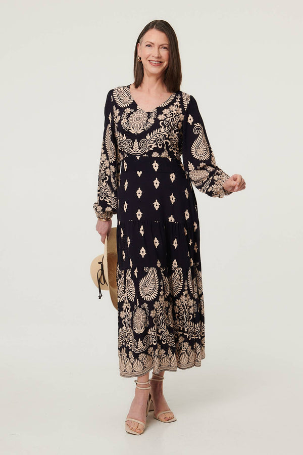Navy | Paisley Print Long Sleeve Midi Dress