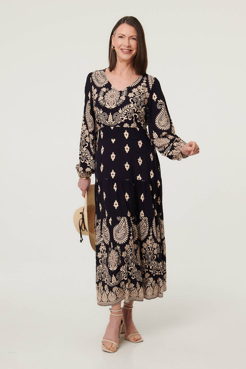 knee length dresses for ladies Karlie Clothes Paisley Smock Waist Dress, S / Blue main image 0