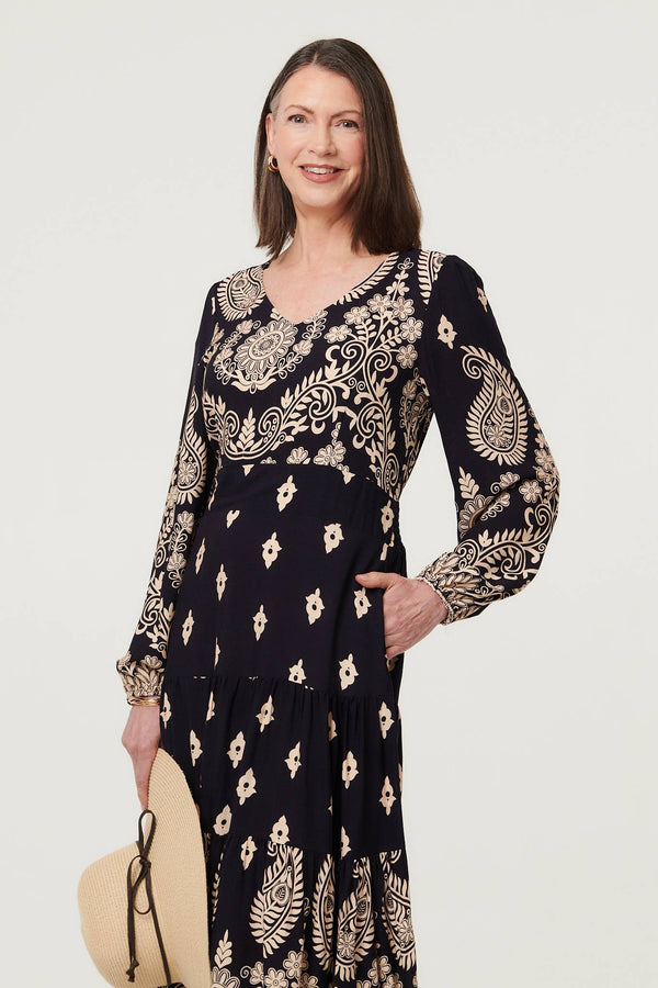 Navy | Paisley Print Long Sleeve Midi Dress