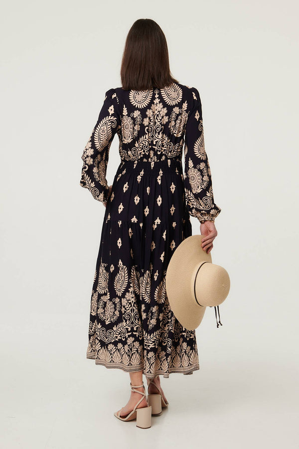 Navy | Paisley Print Long Sleeve Midi Dress