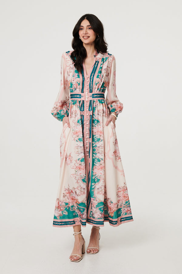 Green | Border Print V-Neck Buttoned Maxi Dress