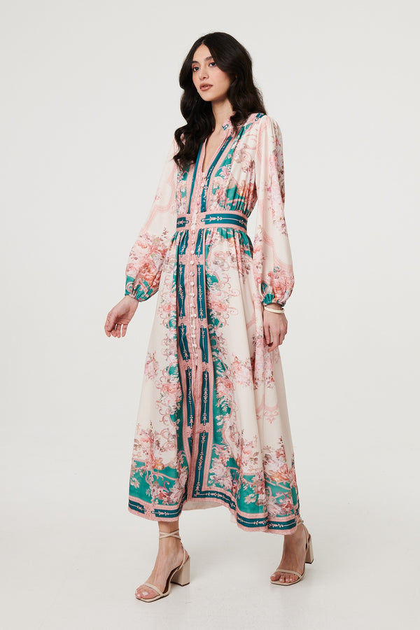 Green | Border Print V-Neck Buttoned Maxi Dress